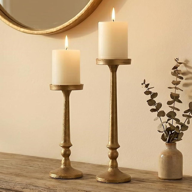 BANOMII Vintage Iron Pillar Candle Holders Set of 2 12.2" & 10" Tall Candleholders - Rustic Brass Gold Candle Stands - Dining Table Centerpieces - Christmas Fireplace Mantel Decor