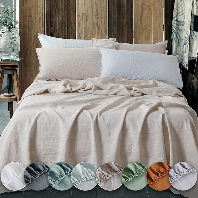 EVERLY Linen Queen Sheets Set, 100% Stonewashed French Linen Bed Sheets Deep Pocket Sheets, 4 Pieces (1 Flat Sheet, 1 Fitted Sheet, 2 Pillowcases) Natural Flax Bedding Set, Linen