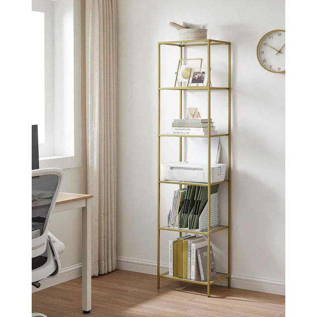 Bookcase, 6-Tier Bookshelf, Slim Shelving Unit, Tempered Glass, Steel Frame, Metallic Gold