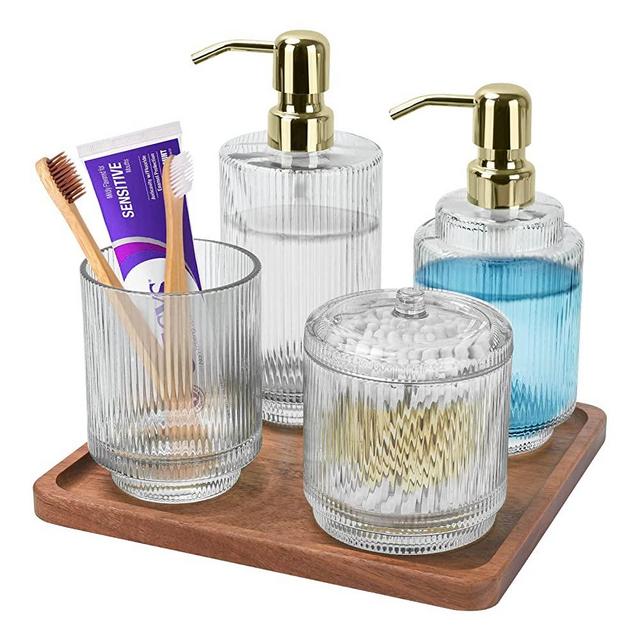 Bathroom Accessory Set,5 PCS Modern Premium Clear Glass Bath Accessories,Set of 2 Lotion Soap Dispenser,Toothbrush Holder,Qtip Holder & Acacia Wooden Tray,Gift for Home Decor & Countertop Organizer