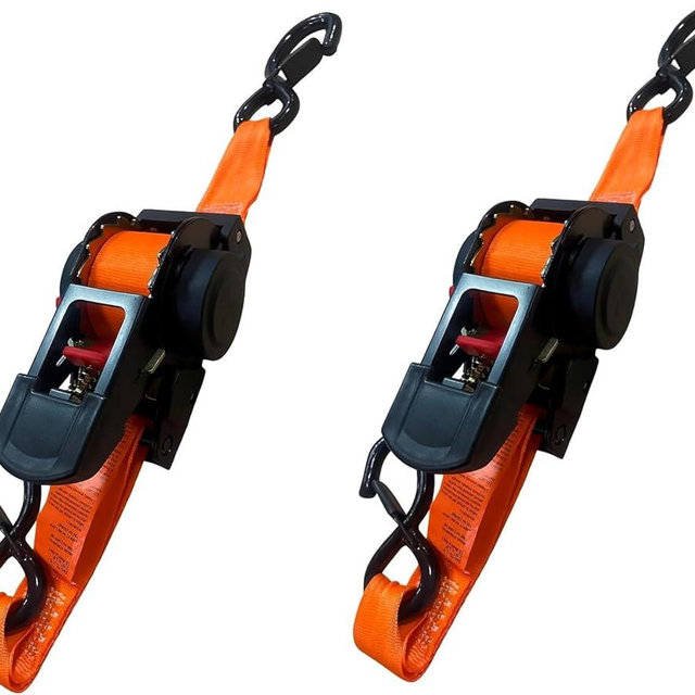 Auto-Retractable Ratchet Tie Down Straps 2 inch x 15 Feet, 3300 lbs Break Strength, 1100 lbs Safety Work Load, S Hook with Safety Lock, 2 Pack, Orange