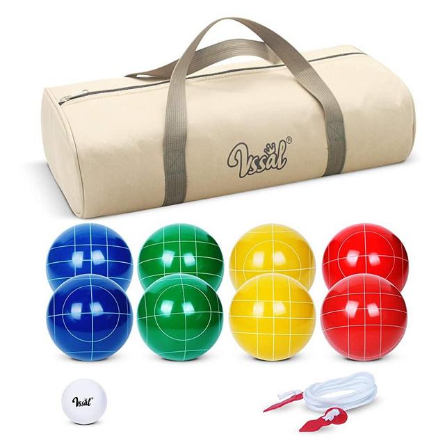 VSSAL Bocce Ball Set 90/100/107mm for Backyard Lawn Beach Outdoor Family Bocci Yard Game for Kids, Set of 8 Polyresin Bochie Balls, 1 Pallino, Carrying Bag, Measuring Rope (Multi Colors, 2-8 Players)