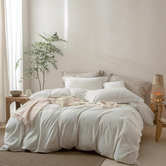 BDEAR Pinstripe Duvet Cover Queen Size 90''W x 90'' L, 100% Washed Cotton White and Sage Green Striped Duvet Cover with 8 Ties and Zipper Closure Plus 2 Pillowcases, Oeko TEX Standard Certificated
