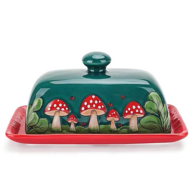 Fungi Fun Mushroom Butter Dish With Lid For Countertop Ceramic Butterdish, Red Mushroom Butter Container, Butter Tray Large Butter Dish Covered (Dark Green & Red Mushroom Butter Dish)