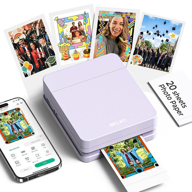 Nelko Photo Printer, PP01 Color Mini Portable Printer, Instant Smartphone Inkjet Printer, Sticky-Back Rechargeable Portable Picture Printer for iOS & Android, Smart AI APP, For Valentine's Day, Purple