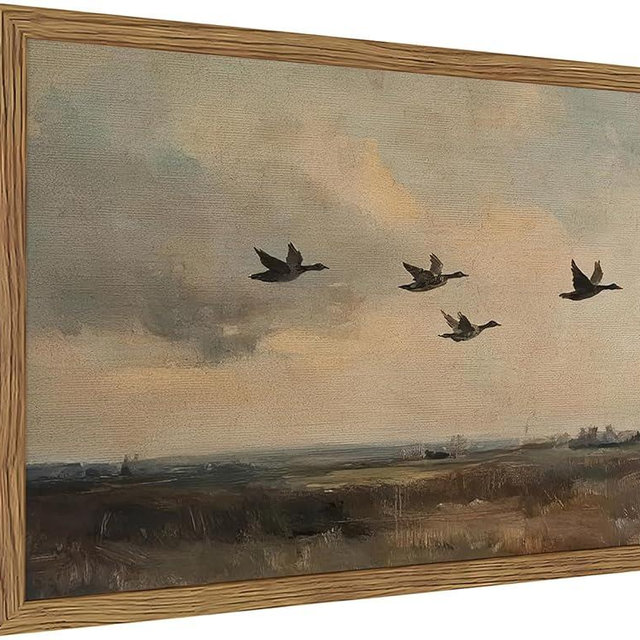 Vintage Flying Duck Wall Art, Retro Rustic Birds Landscape Wall Decor Paintings, Nature Wilderness Hunting Animal Posters Prints Pictures for Bedroom Living Room Office 16x24 Inch Wood Framed