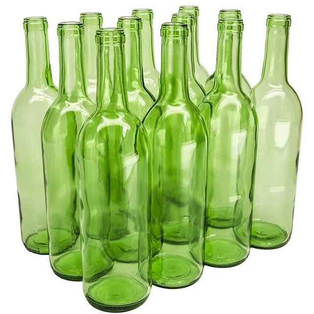North Mountain Supply 750ml Glass Bordeaux Wine Bottle Flat-Bottomed Cork Finish - Case of 12 - Light Green