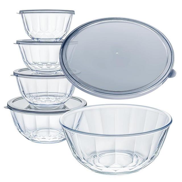 Luvan Glass Mixing Bowls with Lids Set of 5(0.85qt,1.11qt,1.69qt,2.85qt,4.7qt), Large Salad Bowl with Diamond Pattern & Grey Transparent Lids, Kitchen Clear Mixing Bowl for Serving Baking Prep Storage
