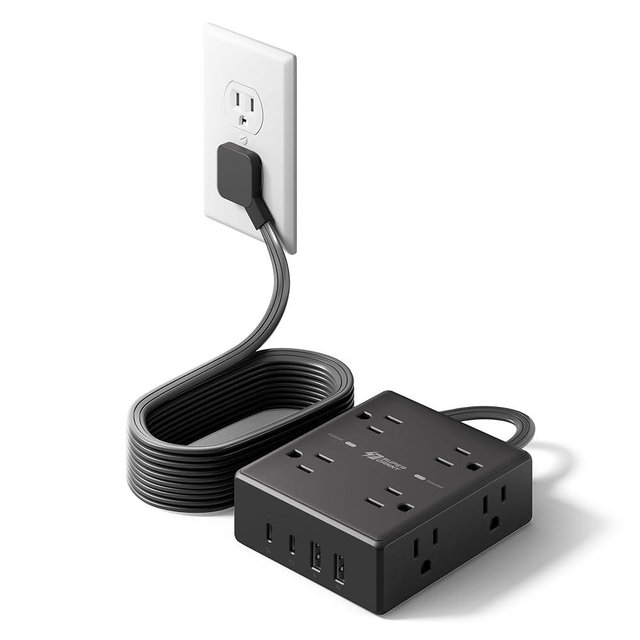 10Ft Extension Cord with Multiple Outlets, Flat Plug Power Strip Surge Protector with 10 Ft Long Cord, 8 Outlet 4 USB Ports (2 USB C), Multi Outlet Wall Plug for Office, College, Dorm Room Essentials