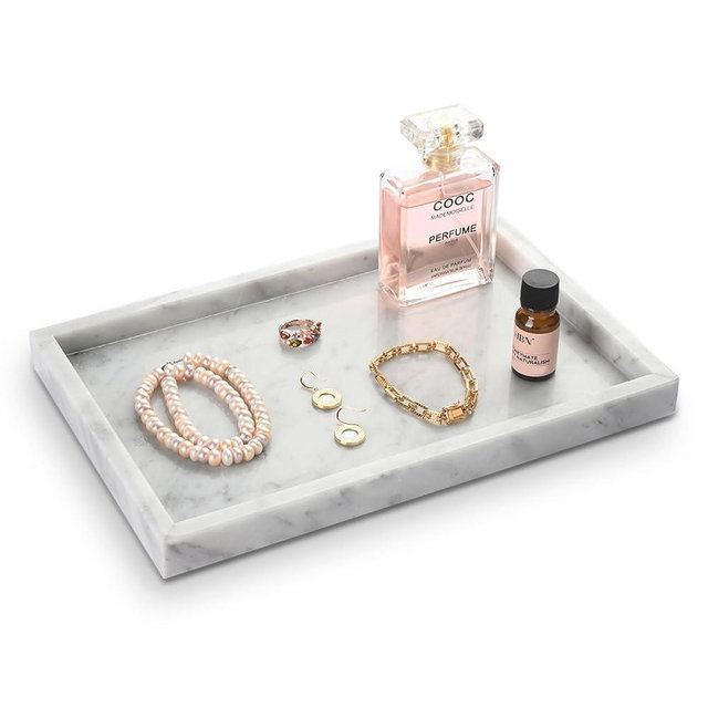 HAMAKAWA Large Bathroom Vanity Tray, Real Natural Marble Tray 12 inch, Carrara White Stone Toilet Tank Trays, Modern Dresser Trays, Countertop Organizer for Kitchen Counter, Soap Dispenser