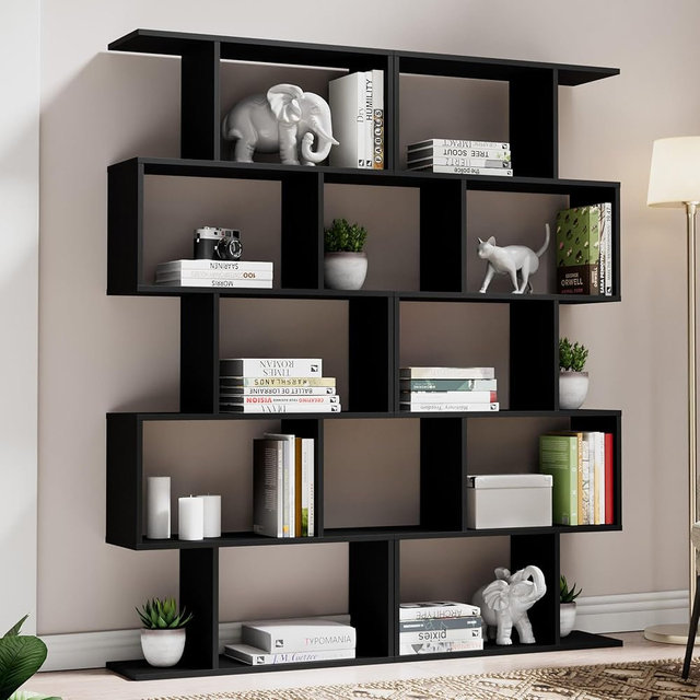 Cozy Castle Set of 2 Geometric Bookcase, S-Shaped Modern Bookshelf, Room Divider Bookshelf, 62" Tall Unique Abstract Bookcase with 5-Tier Display Shelf for Living Room Office, Black