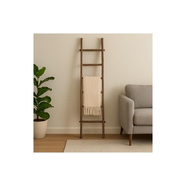 Decorative Vertical Ladder with Towel Rack Design for Blankets - Slim Storage Stand with Hooks for Bedroom or Living Room - 76", Brown