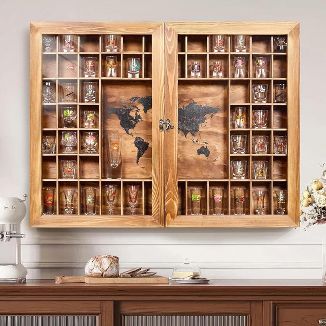 Tristcily Large World Map Shot Glass Display Case 60 Slots with Acrylic Glass Door, 34 x 26''Rustic Brown Wood Holder for 2 Different Size Shot Glasses, Bars Wine Cellars Used for Jewelry Stones Shell