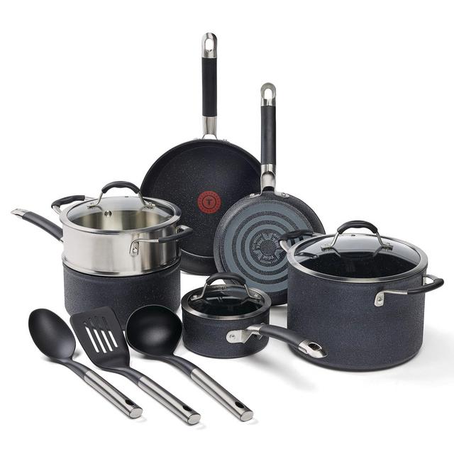 T-Fal 12pc Stone Force Cookware Set: Nonstick, Dishwasher & Oven Safe, Stainless Steel Handles, Glass Lids, Black