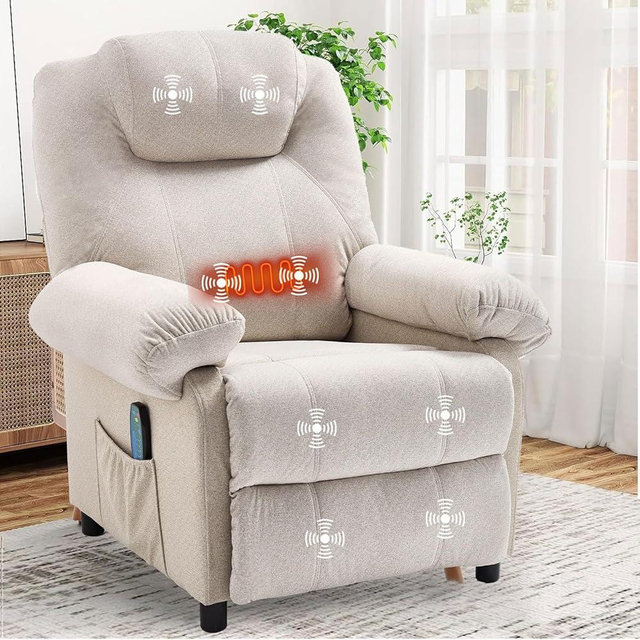 KCREAM Overstuffed Push Back Recliner Chair for Living Room, Mid Century Fabric Heated Massaging Reclining Chair Small Manual Recliner Chair with Heat and Massage, White