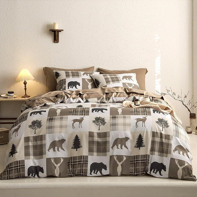 Wake In Cloud - Rustic Comforter Set with Sheets, Cabin Lodge Christmas Bear Moose Deer Wildlife Western Patchwork Country, 7 Pieces Bed in a Bag, Tan Brown, King Size