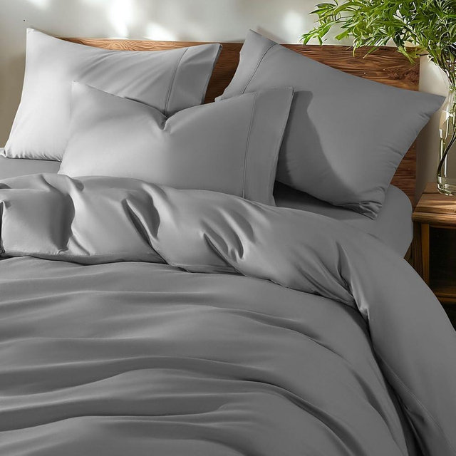 Shilucheng 100% Cotton King Size Duvet Covers - 600 Thread Count, Luxury Sateen Weave Egyptian Cotton Comforter Cover with Zipper Closure & Corner Ties，Hotel Bedding Duvet Covers 3 Piece (Grey)