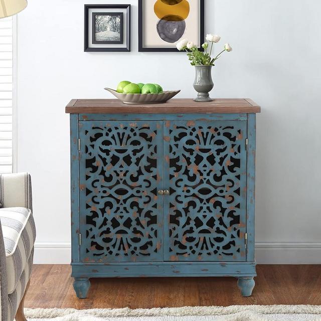 Sophia & William Accent Cabinet with 2 Doors, Distressed Storage Cabinet with Wood Frame and Hollow-Carved Door for Entryway Living Room Bedroom, Blue
