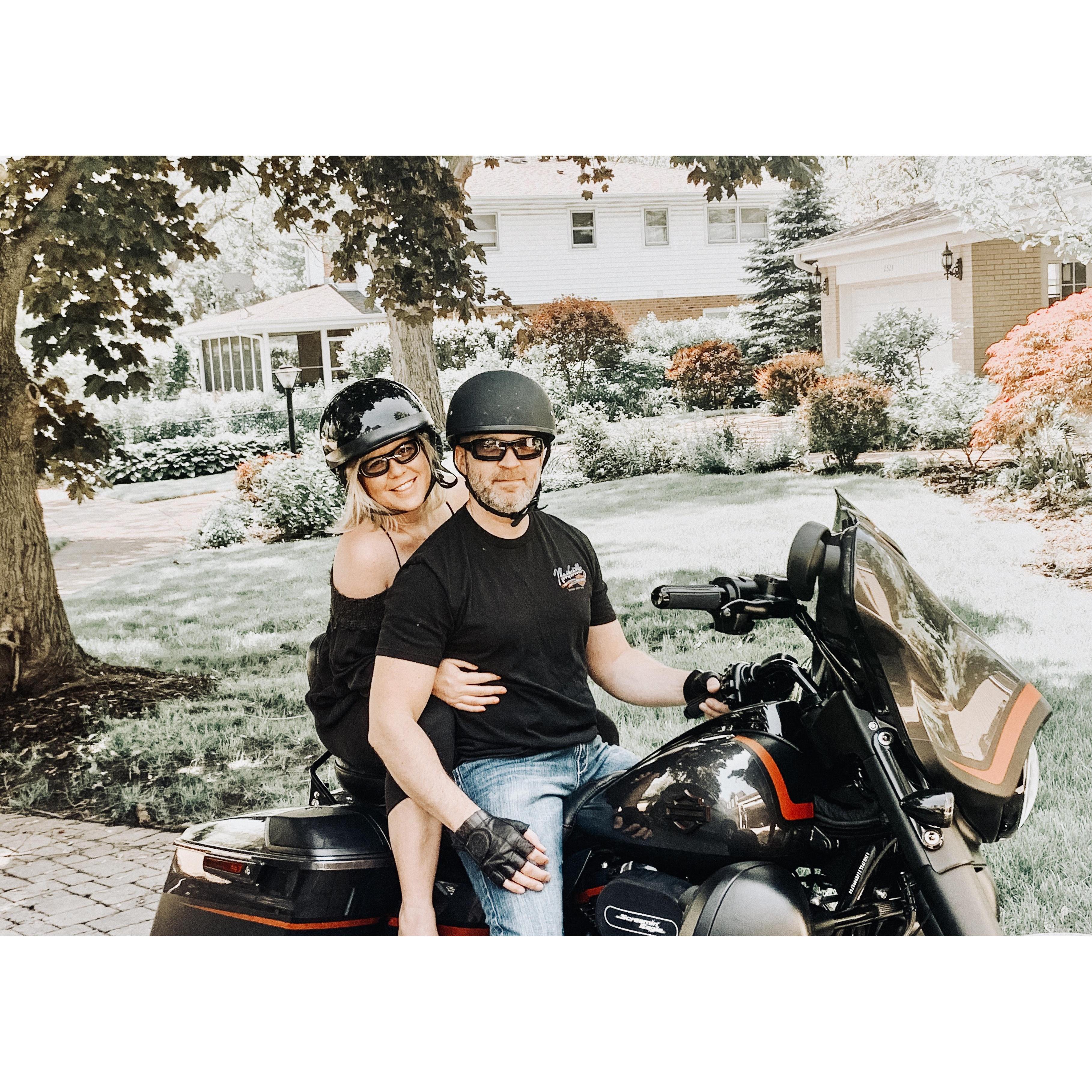 Gary got Jen on a motorcycle and they love taking rides together. Gary hates the filter used for this photo but Jen likes it.