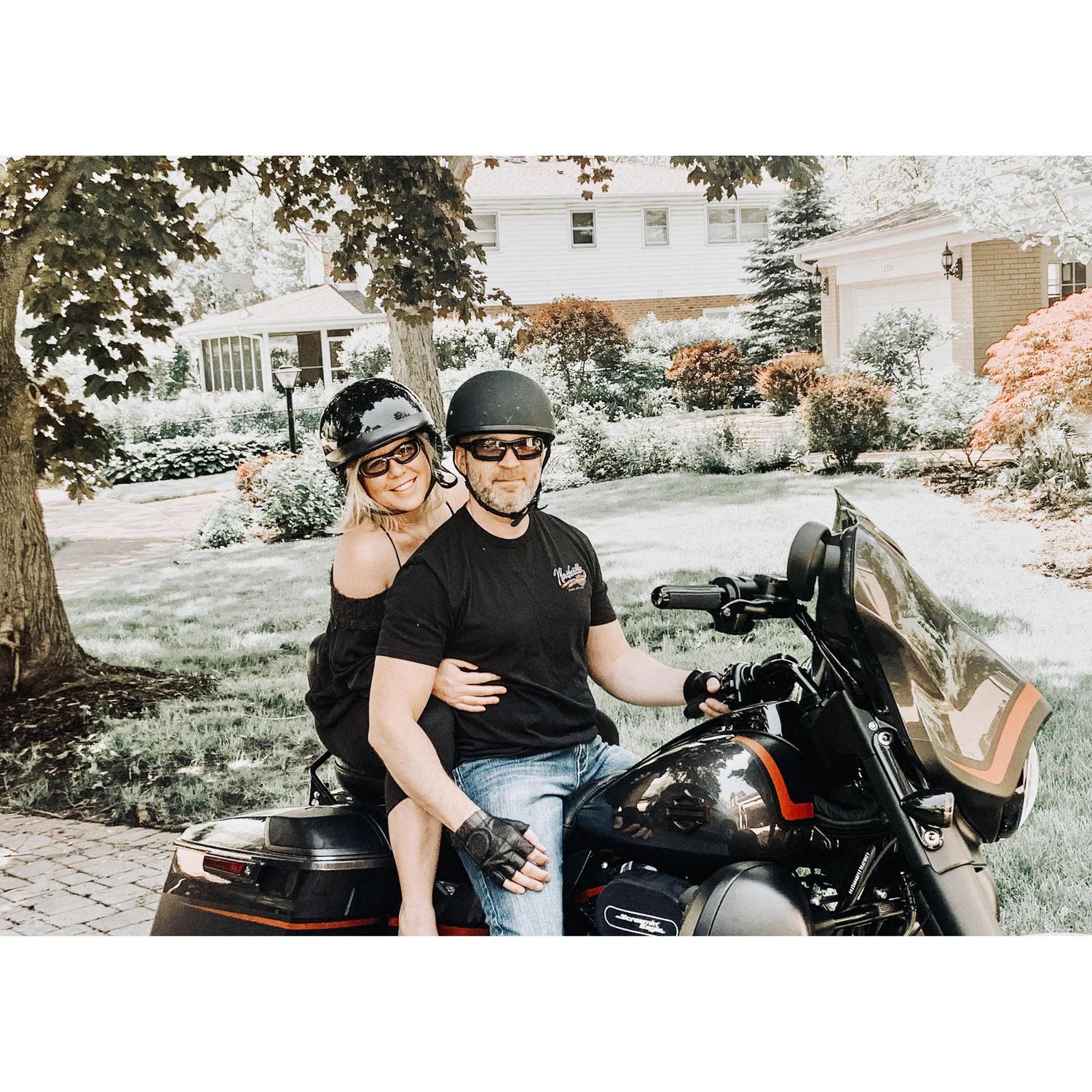 Gary got Jen on a motorcycle and they love taking rides together. Gary hates the filter used for this photo but Jen likes it.