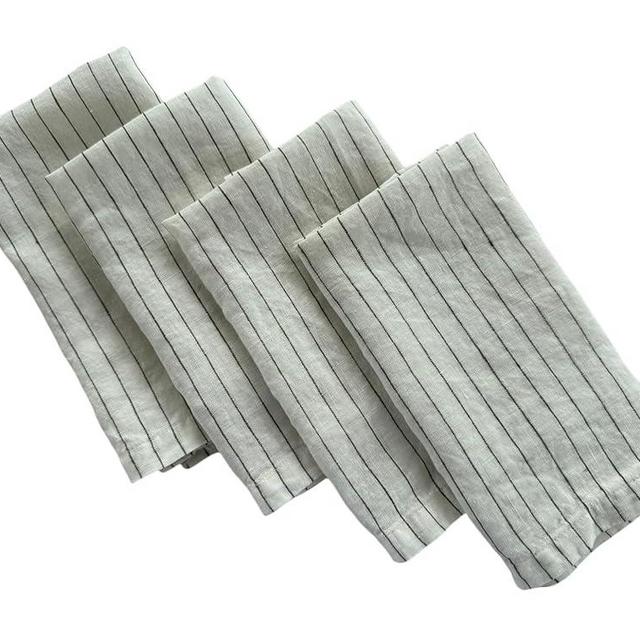 Linen Napkins – 100% French Flax – Stonewashed Pure Linen Cloth Napkins – Mitered Corners – Set of 4 (Olive Pinstripe)