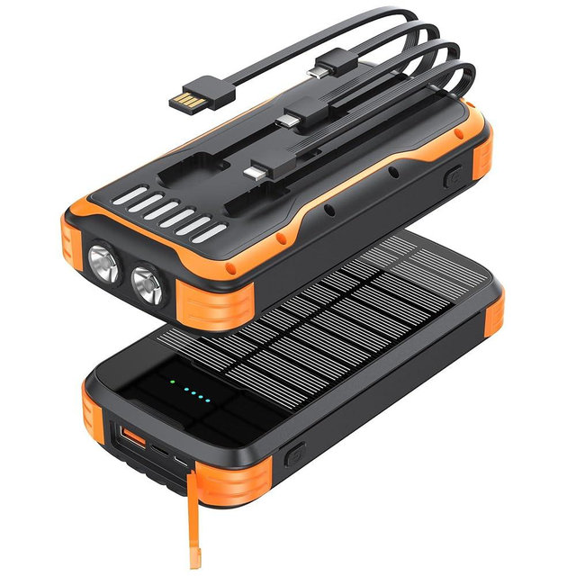 MINRISE Solar Power Bank 40000mAh, Portable Charger PD 20W Fast Charging Solar Charger Power Bank Built in 4 Cables and USB-C in/Output, Camping Essentials External Battery Pack with Flashlights