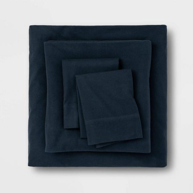 Queen Solid Fall Flannel Sheet Set Dark Blue - Threshold™