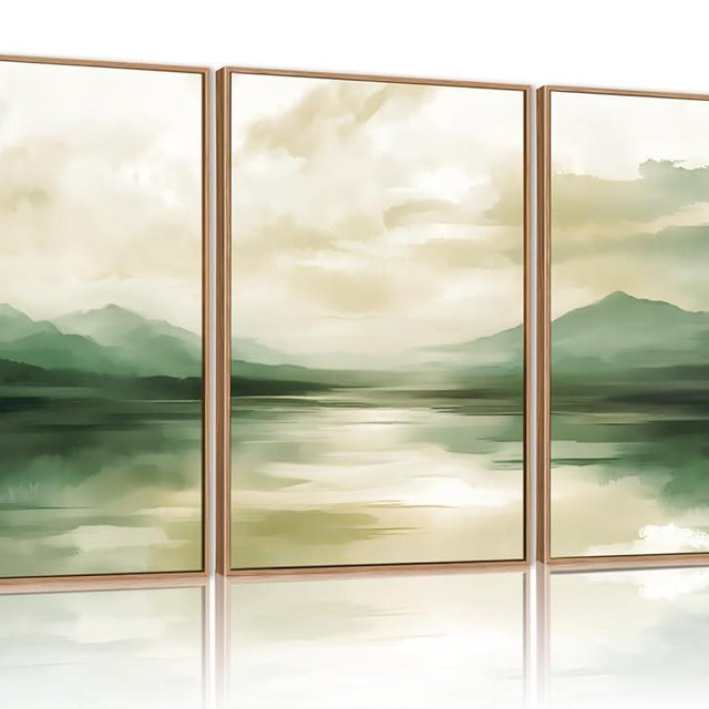 FWIEXA Sage Green Abstract Canvas Wall Art Set of 3, Framed Beige White Landscape Painting, Neutral Watercolor Mountain Prints, Nature Mountains Lake Prints, 24x36In Artwork for Living Room, Bedroom