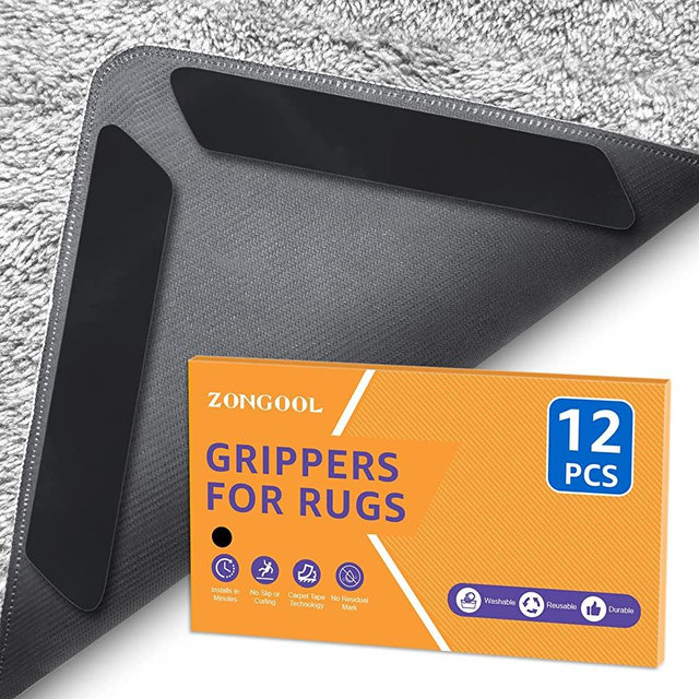 12 PCS Rug Tape, Reusable Washable Carpet Tape, Double Sided Non-Slip Rug Pads for Hardwood Floors, Rug Stoppers for Area Rugs, Black