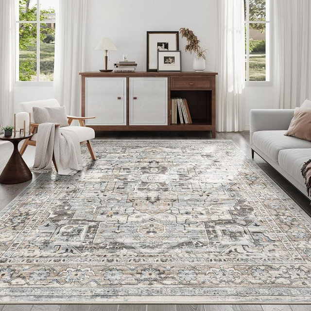 xilixili 8x10 Area Rug for Living Room, Non Slip Vintage Machine Washable Rug, Foldable Stain Resistant Large Area Rugs for Bedroom, Soft Indoor Boho Carpet for Home Decor (Beige/Brown, 8'x10')