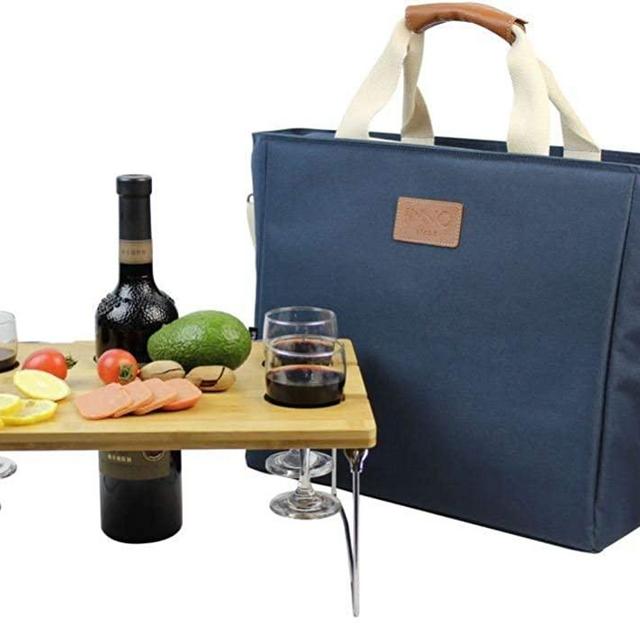 INNO STAGE 40L Cooler Bag, Large Insulated Tote Wine Carrier Bag for Picnic Lunch with Portable Bamboo Wine Snack Table - Best Gift for Father Mother Day