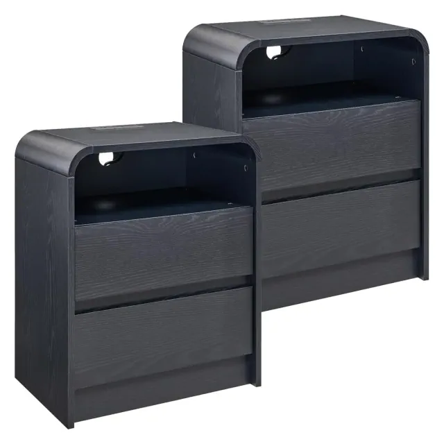 SinCiDo Set of 2 Nightstands, 25" Tall Modern Wood Bedside Table w/2 Drawers & Charging Station, Curved Profile, for Bedroom, Living Room, Black