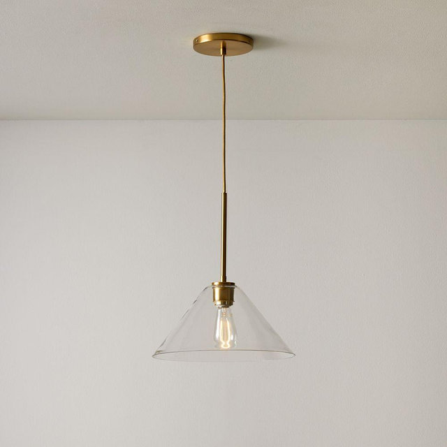 Sculptural Pendant Antique Brass Clear Glass Cone (14")