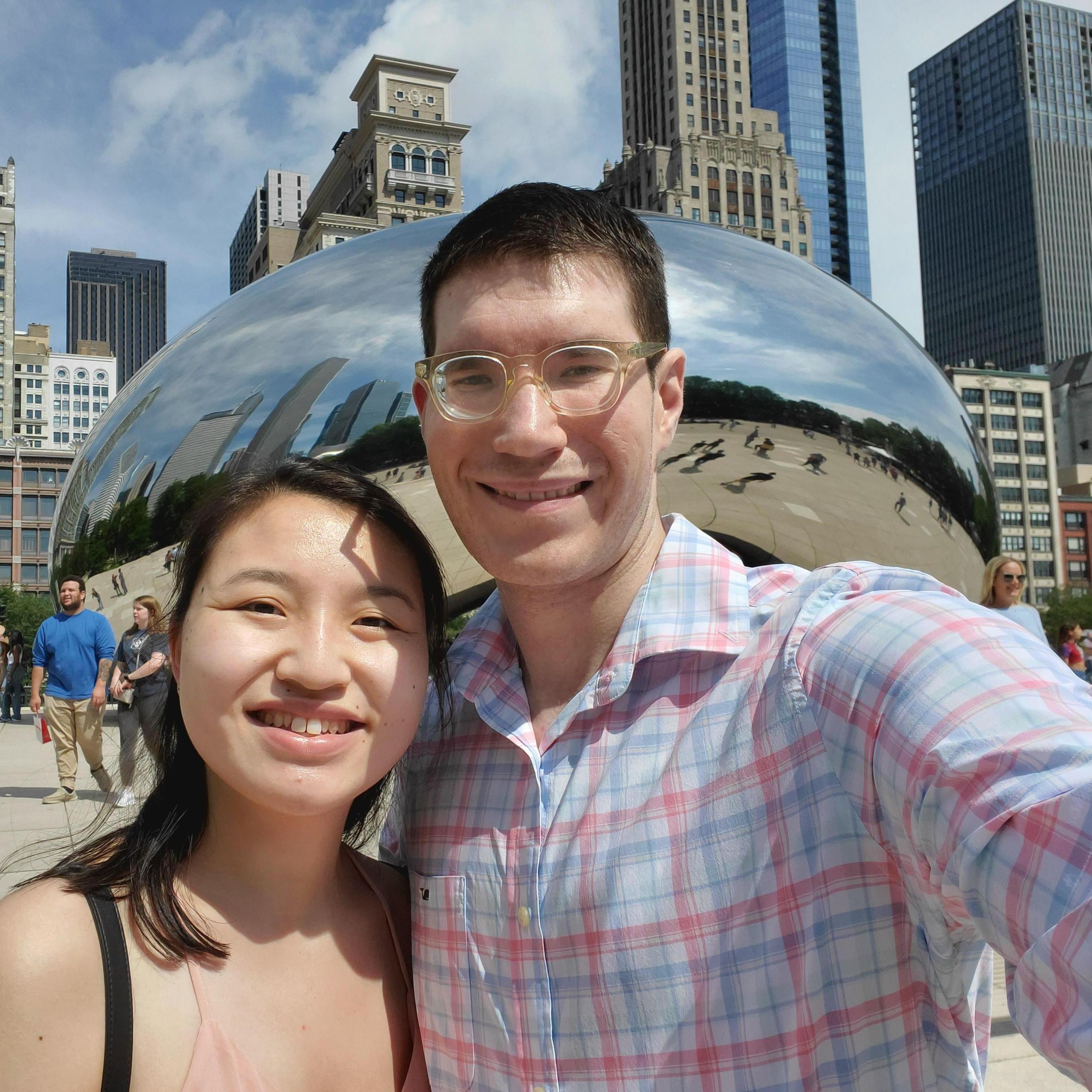 Selfie photo taken in front of "The Bean" (Cloud Gate) in Chicago, IL
