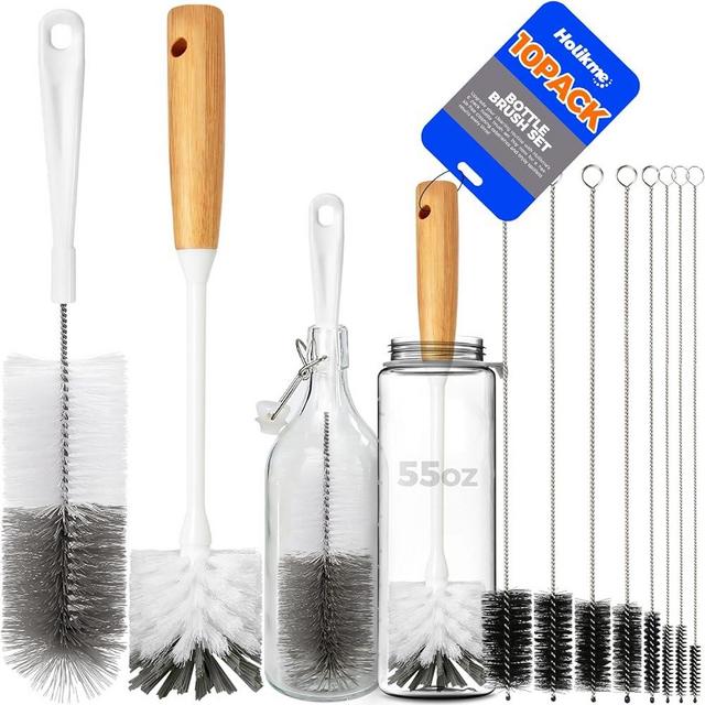 Holikme 10 Pack Bottle Brush Cleaner Set, 14" Bamboo Handle Bottle Cleaner Brush, Flexible Long Handle Water Bottle Brush for Narrow Neck Beer Wine, Baby Bottle, 8 Straw Cleaner Brush, White Grey