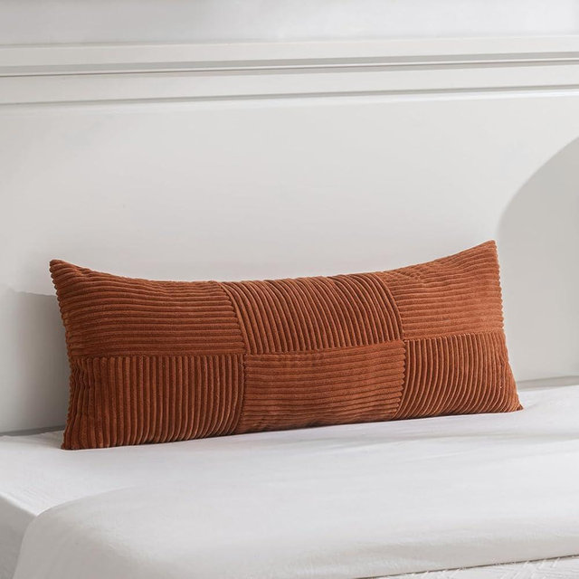 Fancy Homi Set of 1 Rust Boho Long Lumbar Body Decorative Throw Pillow Cover 14x36 Inch for Bed Couch Bedroom Bench, Soft Patchwork Corduroy Textured Pillow Case, Rustic Farmhouse Room Decor