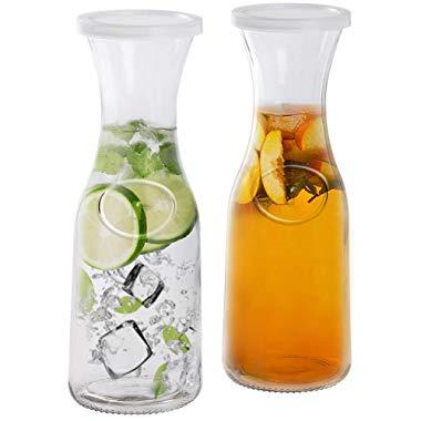 Estilo EST2095 Glass Beverage Pitcher Carafe With Plastic Lids, Narrow Neck Design, 1 liter (33oz) Set of 2, Clear