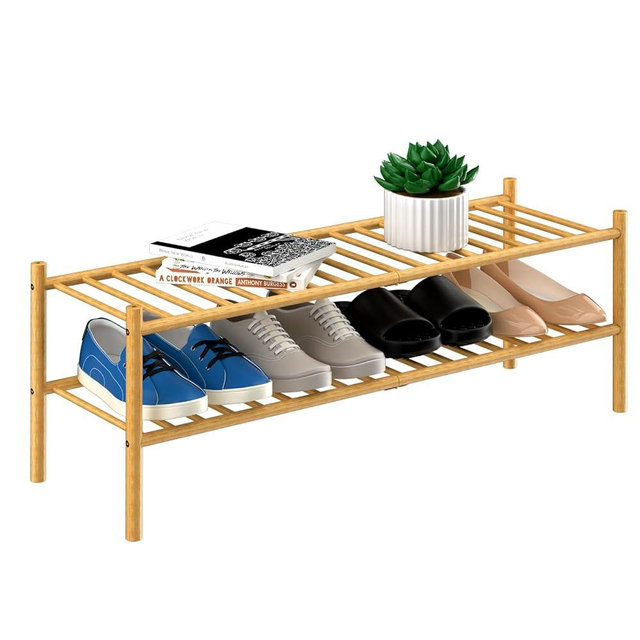 ROMGUAR CRAFT 2-Tier Bamboo Long Shoe Rack, Free Standing Wood Shoe Shelf Storage Organizer for Closet Entryway Stackable 35"x11"x13" (Natural)
