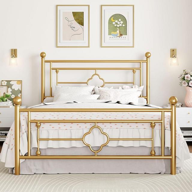SHA CERLIN 14 Inches Queen Size Metal Platform Bed Frame/Vintage Iron-Art Headboard and Footboard/Mattress Foundation for Storage/No Box Spring Needed/Noise-Free/Easy Assembly/Gold