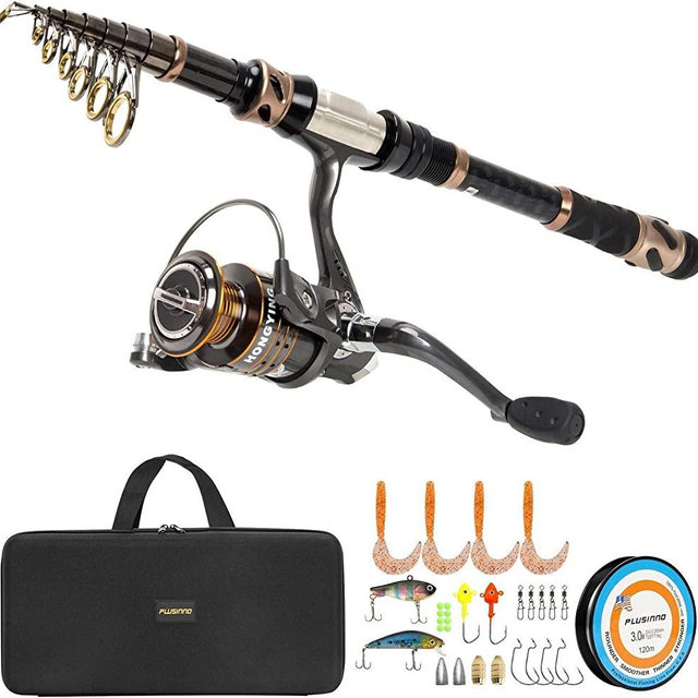 PLUSINNO Fishing Rod and Reel Combos - Carbon Fiber Telescopic Fishing Pole - Spinning Reel 12 +1 Shielded Bearings Stainless Steel BB