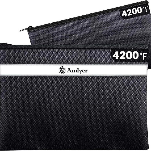 Andyer Fireproof Document Bag with Money Bag - 2 Pack 13.4”x10” and 11"x6" Waterproof & Fireproof Bags - Fireproof Safe Storage Pouch with Zipper for A4 Documents, Money, Cash, Passport and Tablet