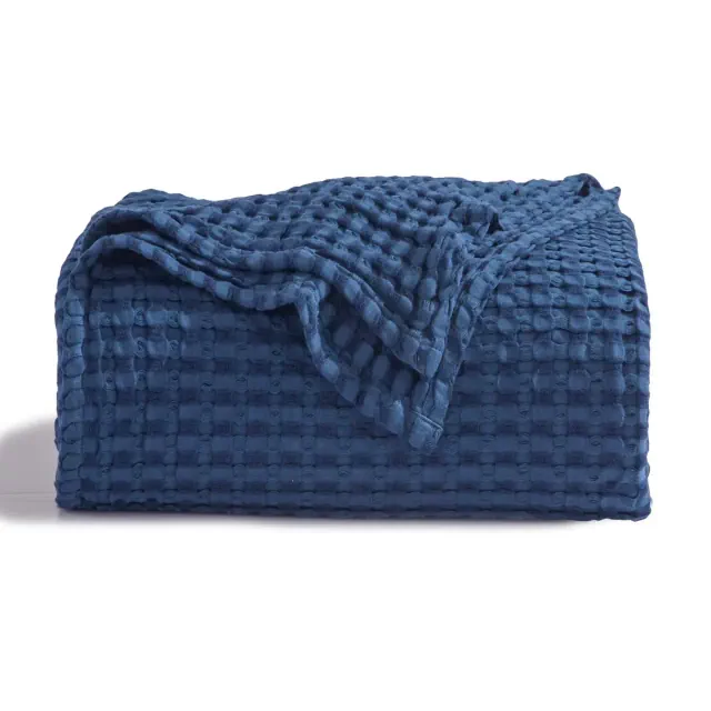 Bedsure Cooling Cotton Waffle King size Navy Blanket-Lightweight Breathable Blanket of Rayon Derived from Bamboo