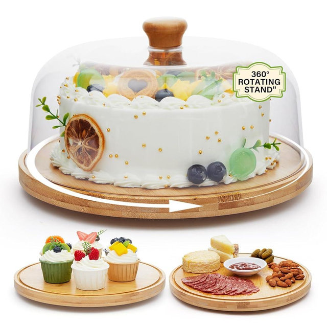 Timboops Home Rotating Cake Stand with Lid, 12'' Wood Food Plate with Cover, Serving Tray, Fruit Platter, Salad Bowl, Dessert Table Display & Acrylic Cake Dome Cover for Party
