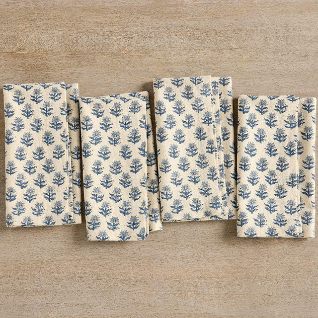 Zoya Block Print Cotton/Linen Napkins, Set of 4 - Ivory/Blue