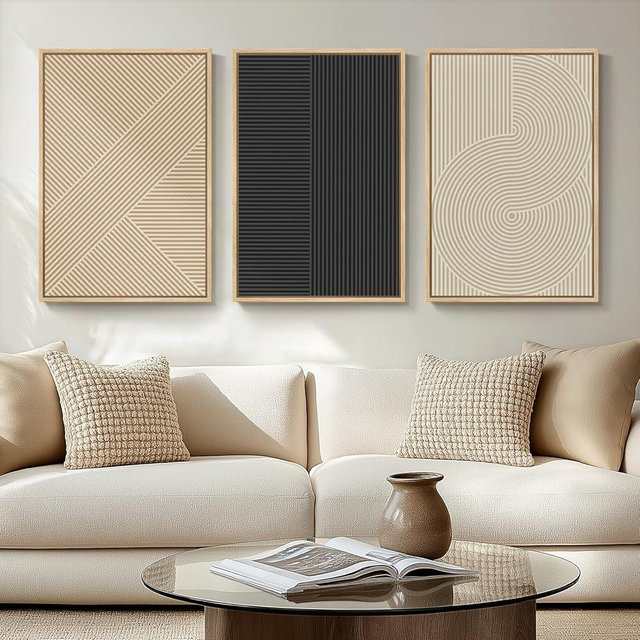Framed Neutral Abstract Wall Art for Living Room, Set of 3 Piece Boho Modern Beige Canvas Artworks for Walls, Minimalist Geometric Painting Prints for Bedroom Hallway Home Office Wall Decor, 16x24 In