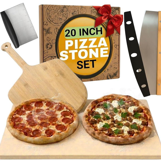 Large Pizza Stone for Oven 20 inch - Pizza Making Kit - Rectangular Pizza Stone for Grill and Wooden Pizza Peel, Dough Tool & Pizza Cutter Set - Baking Stone 20" x 13.5"