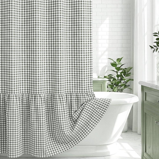 HunnmingRe Single Ruffled Gingham Shower Curtain 72 x 72 Inch Sage Green Cotton Vintage Farmhouse Rural Plaid Shower Curtain with 12 Hooks for Bathroom Bathtubs Decor