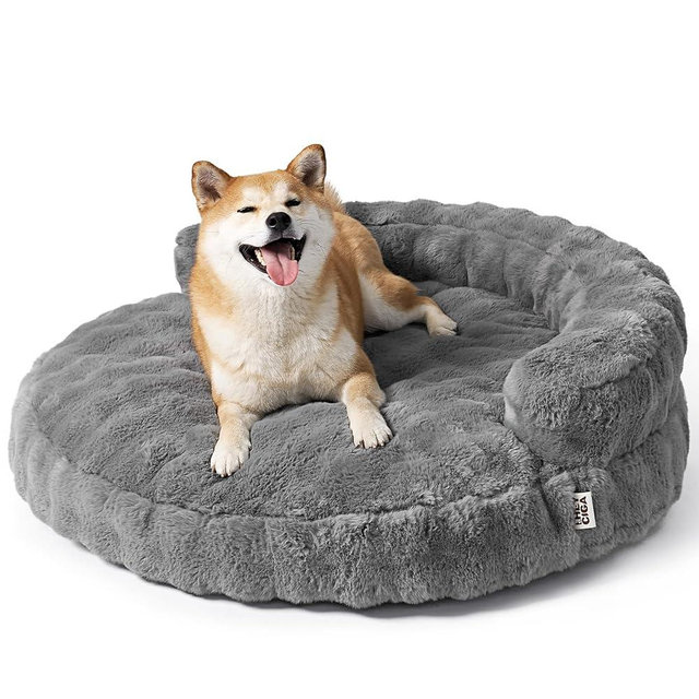 EHEYCIGA Large Dog Bed Sofa – Fluffy Faux Rabbit Fur Pet Couch for Medium and Large Dogs, Washable Removable Cover, Waterproof and Non-Slip, 36 Inch, Grey