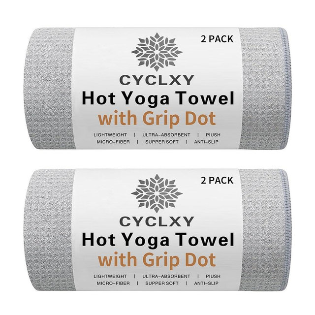 CYCLXY 2 Pack Hot Yoga Towel with Grip Dot，Stickyfiber Yoga Mat Towels Non Slip for Hot Yoga,Absorbent Microfiber Sweat Anti-Slip Cover,Bikram,Pilates,Exercise,Fitness