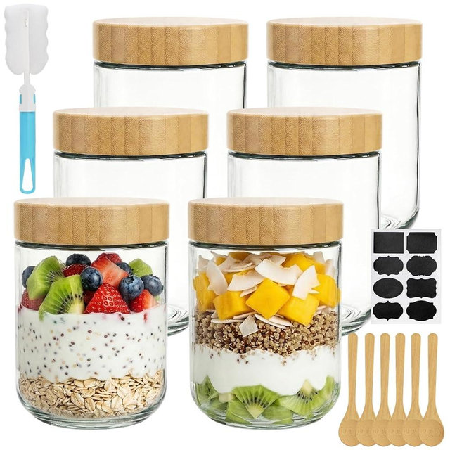 Peohud 6 Pack 16 Oz Overnight Oats Containers with Lids, Airtight Glass jars with Bamboo Spoons, Wide Mouth Mason Jar for Salad, Yogurt, Snacks, Chia Pudding, Spices, Sugar, Meal Prep